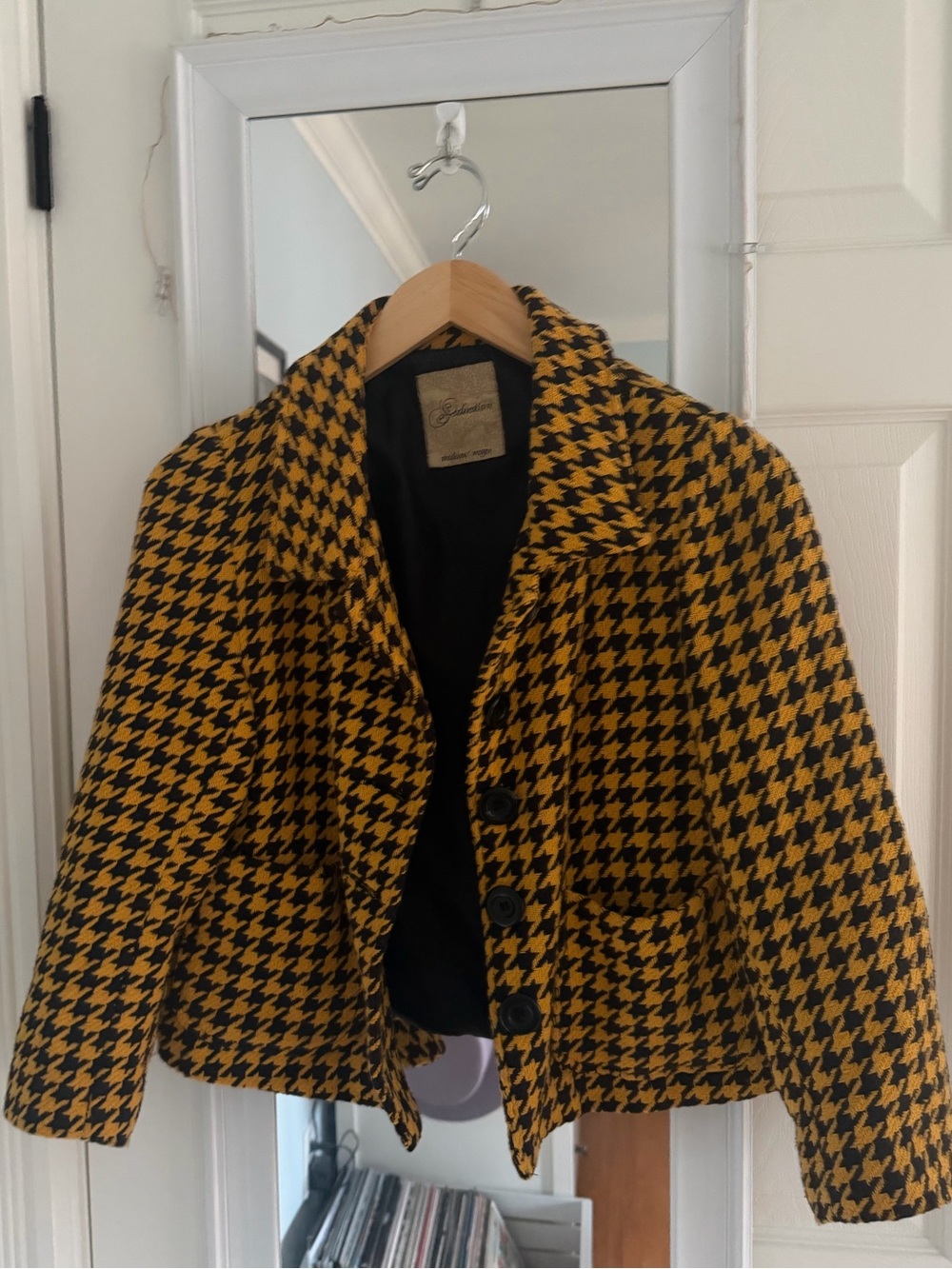 Cropped Houndstooth Blazer - Yellow & Black